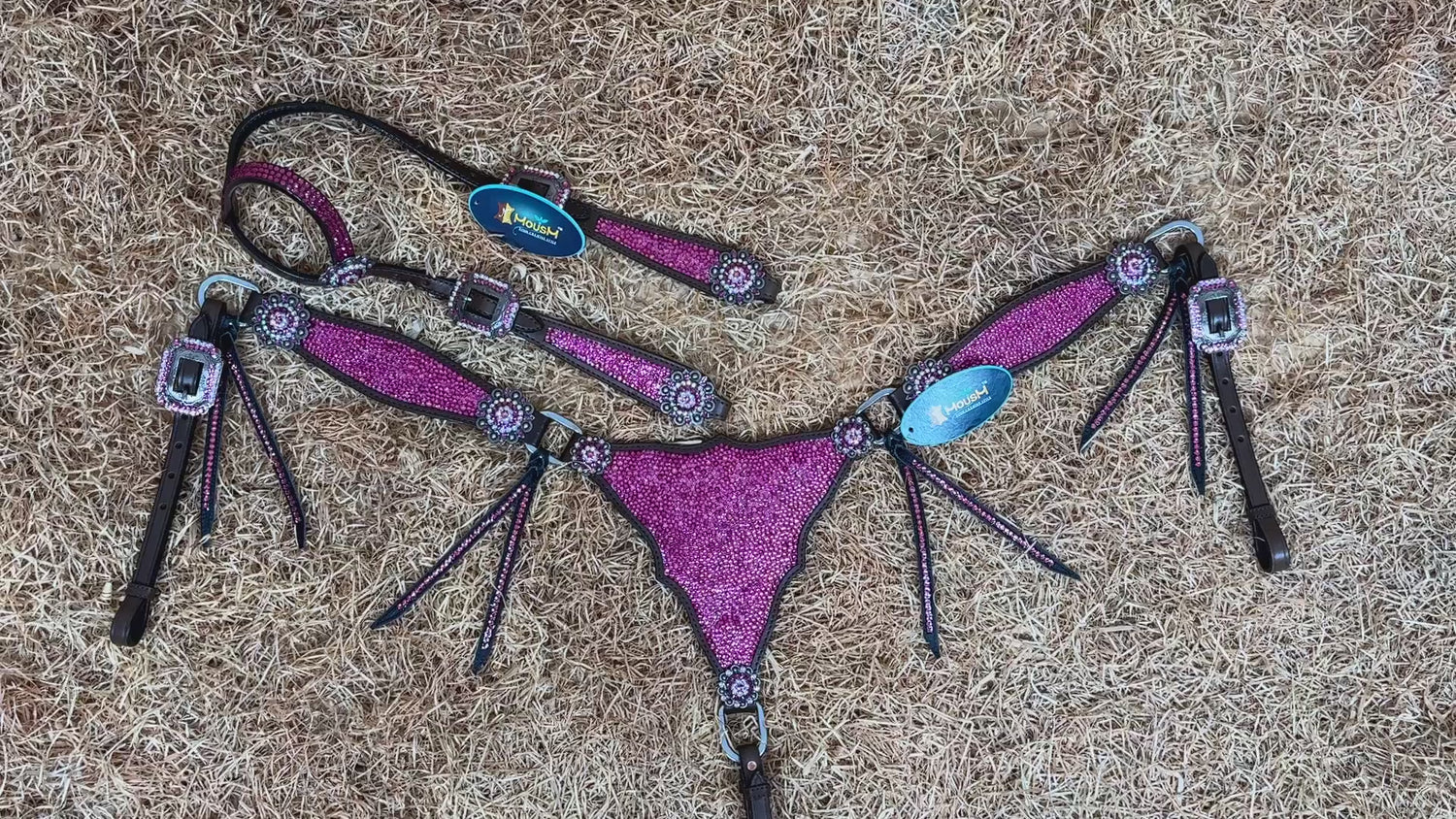 MOUSM Western Headstall and Breast Collar Set – Argentina Cow Leather Horse Tack Set Decorated with Pink Rhinestones on Gladiator Breast Collar with Roping and Bling Conchos