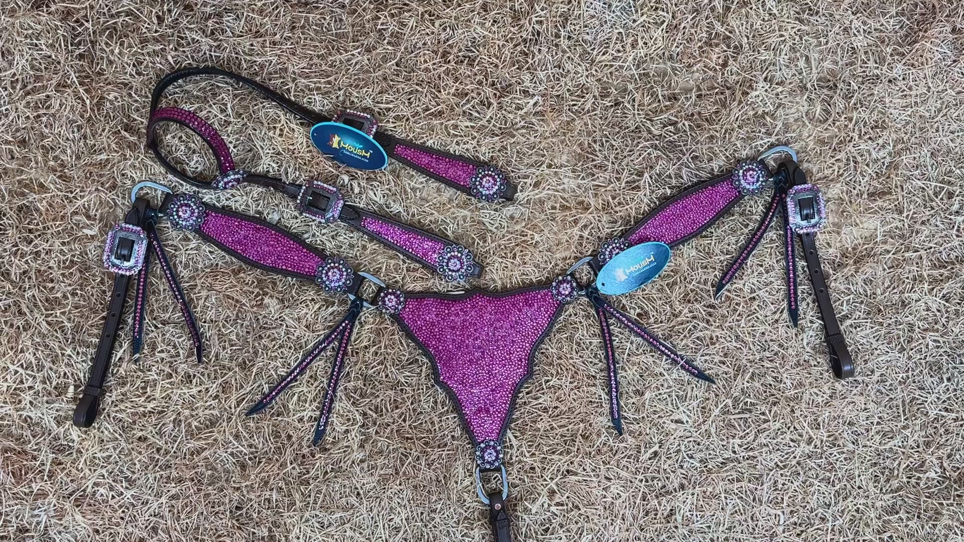MOUSM Western Headstall and Breast Collar Set – Argentina Cow Leather Horse Tack Set Decorated with Pink Rhinestones on Gladiator Breast Collar with Roping and Bling Conchos