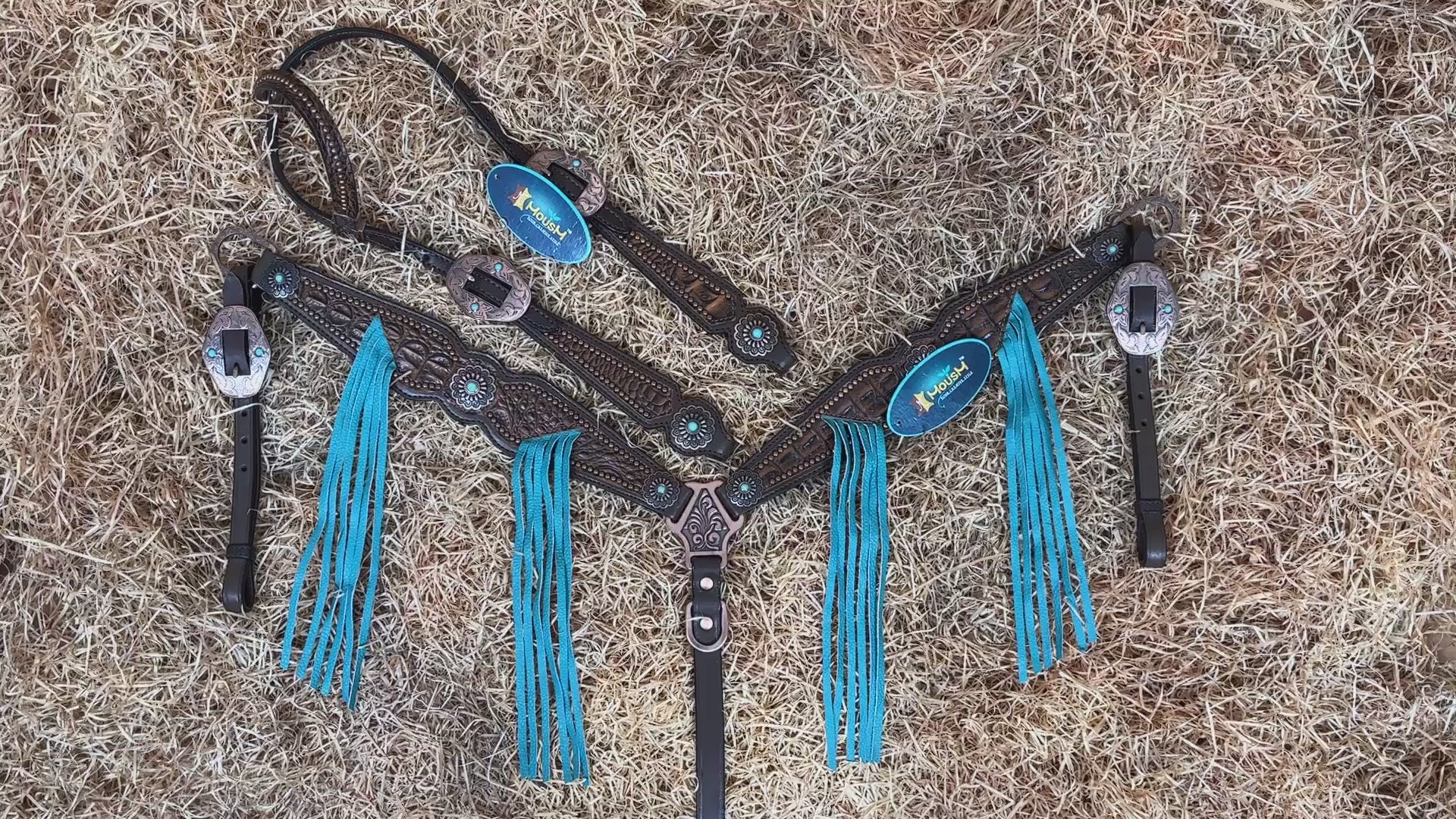 MOUSM Argentina Cow Leather Western Horse Bridle &amp; Breast Collar Set – Horse Tack Set 3D Croc Print with Turquoise Fringe, Copper Studs &amp; Antique Copper Hardware