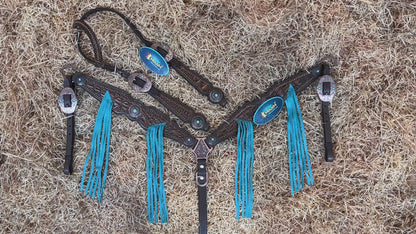 MOUSM Argentina Cow Leather Western Horse Bridle &amp; Breast Collar Set – Horse Tack Set 3D Croc Print with Turquoise Fringe, Copper Studs &amp; Antique Copper Hardware