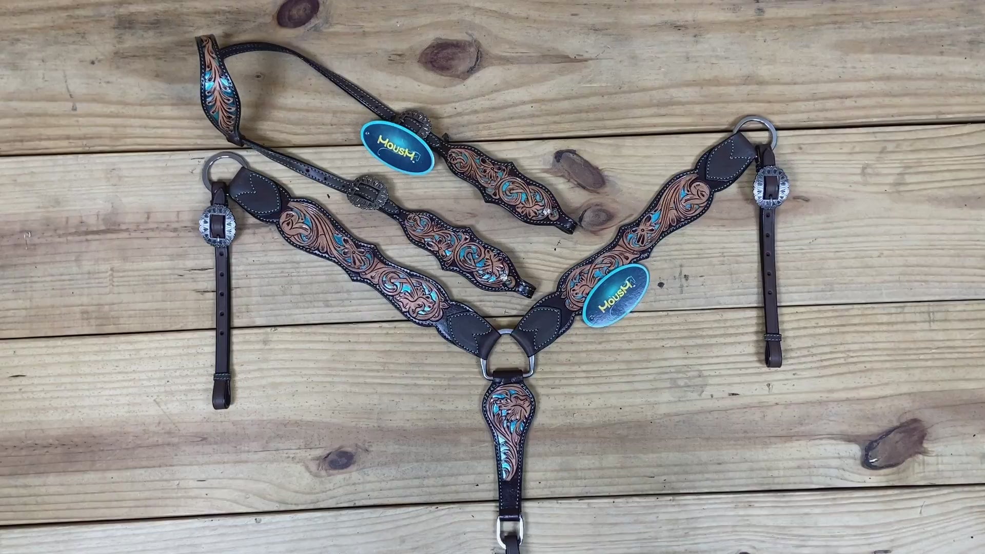Western One Ear Headstall Tack Set Handcrafted from Argentina Cow Leather with Flower Hand Tooled and Filigree Carving with Turquoise Inlay MOUSM