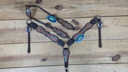 Western One Ear Headstall Tack Set Handcrafted from Argentina Cow Leather with Flower Hand Tooled and Filigree Carving with Turquoise Inlay MOUSM