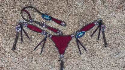MOUSM Western Headstall and Breast Collar Set – Argentina Cow Leather Horse Tack Set Decorated with Red Rhinestones on Gladiator Breast Collar with Roping and Bling Conchos