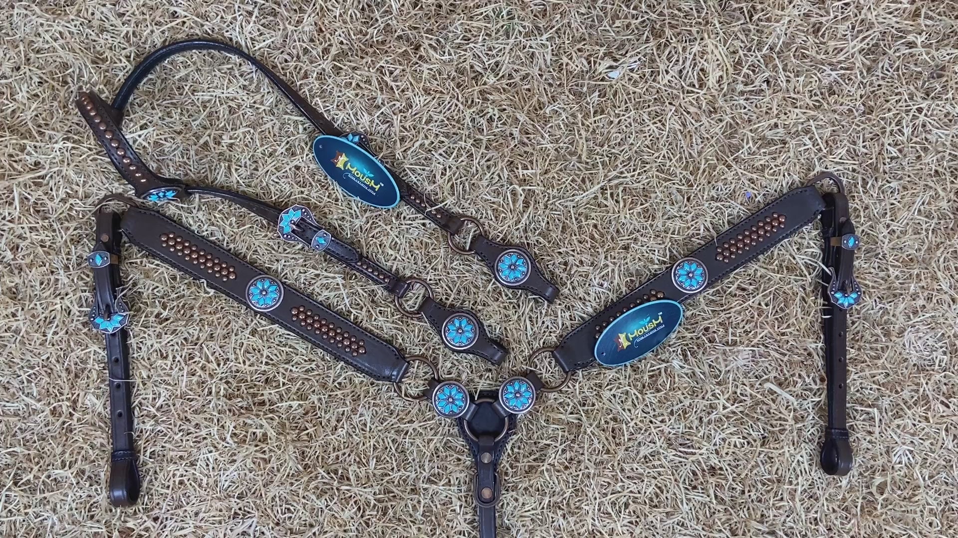 MOUSM Western Horse Tack Set – Leather One Ear Headstall and Breast Collar Set Decorated with Turquoise Stones, Copper Studs, and Copper Conchos