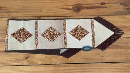 MOUSM Real Cow Hide Leather Table Runner - 72x12 Inches, Embroidered Leopard Print with Brown Leather Fringe for Rustic Farmhouse Table Centerpiece Wedding Dinner party