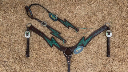 MOUSM  Western Horse Bridle and Breast Collar Tack Set - Decorated with Turquoise Thunderbolt Carving &amp; Buck Stitching