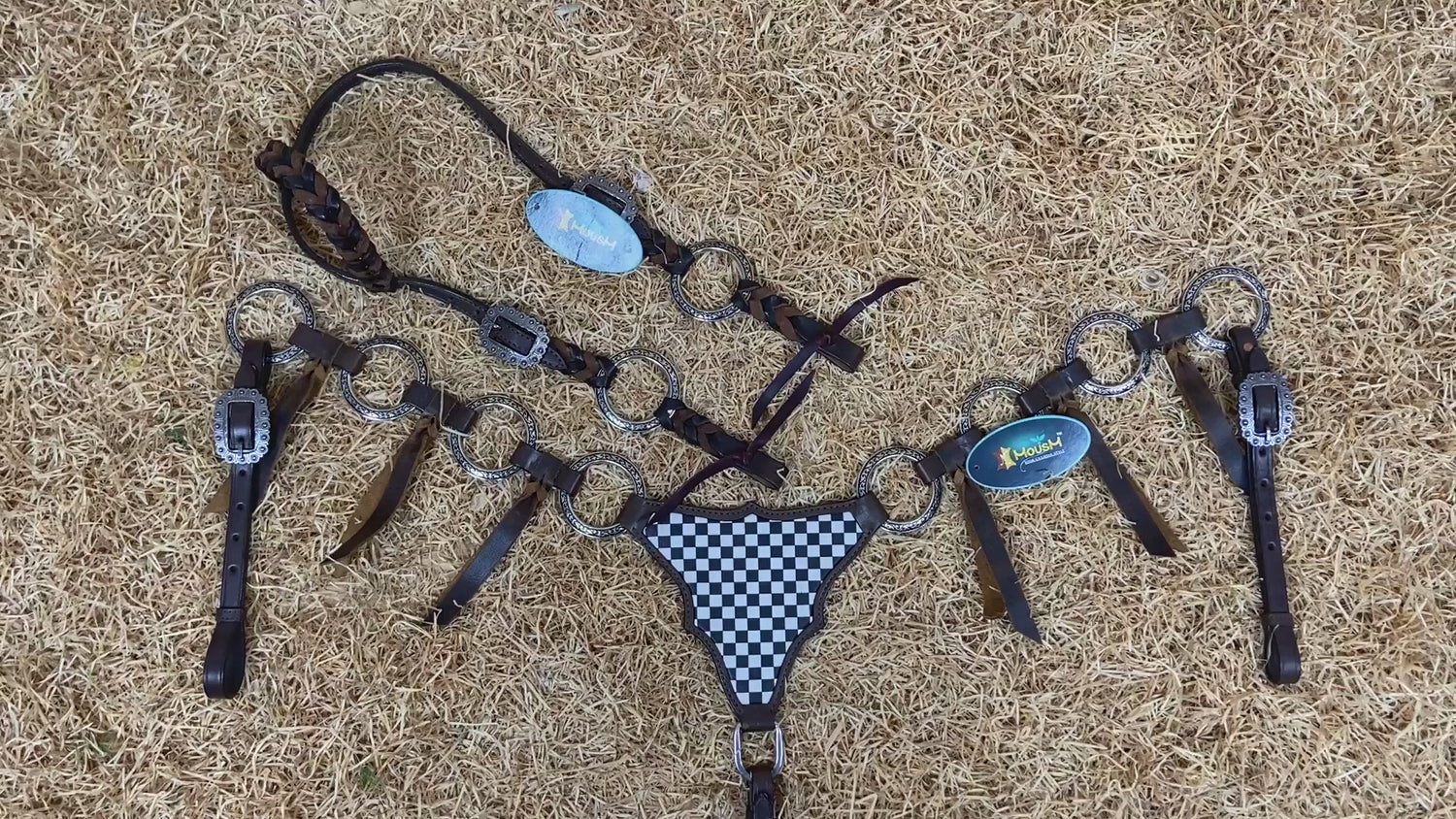 MOUSM Western Headstall With Gladiator-Style Breast Collar – Made From Argentina Cow Leather, Decorated With Engraved Metal Rings, Black &amp; White Checkered Pattern, Leather-Braided One-Ear And Cheek Piece With Roping, And All Antique Nickel Hardware