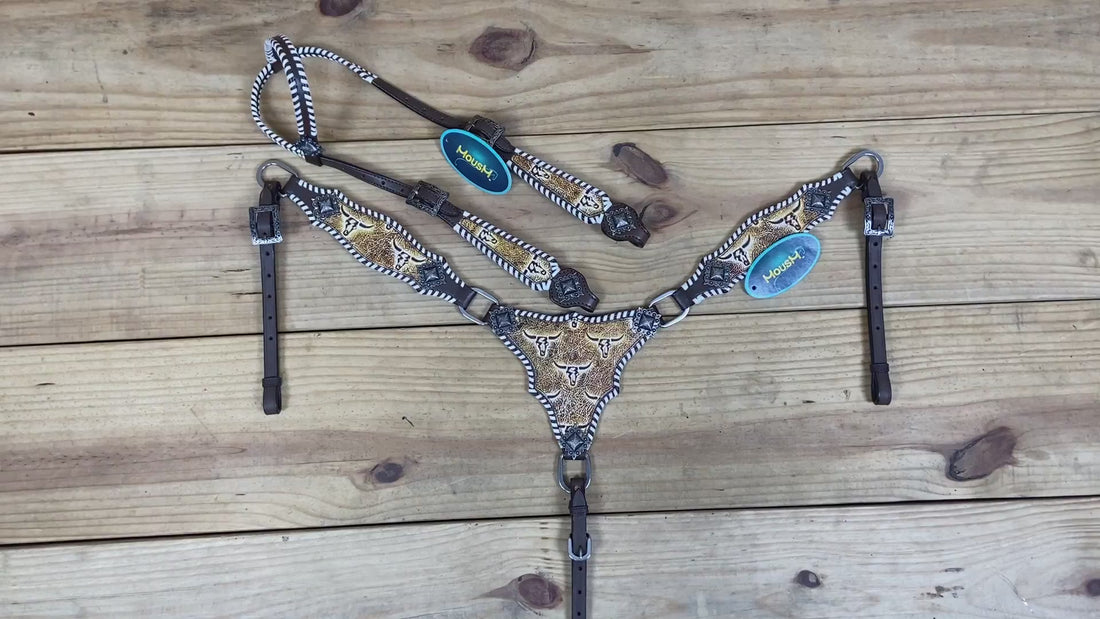 Western Leather Headstall and Breast Collar Tack Set, Steer Embossed with Rawhide Stitch