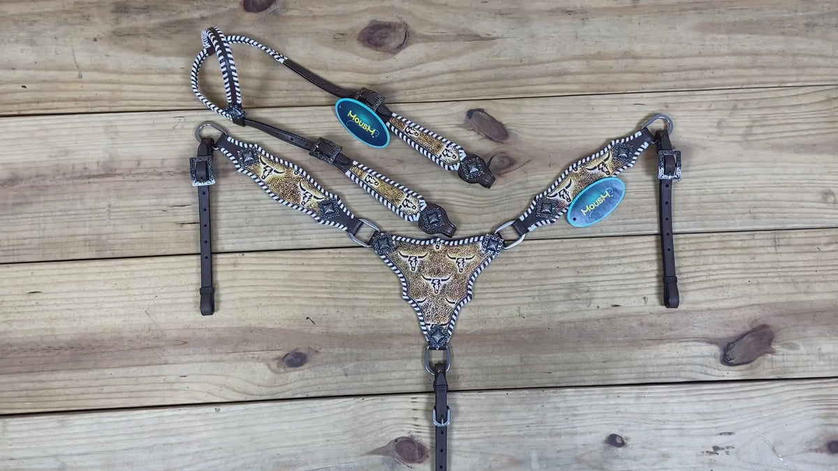 Western Leather Headstall and Breast Collar Tack Set, Steer Embossed with Rawhide Stitch