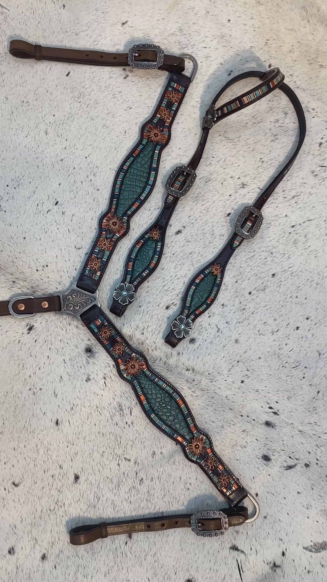 Teal Alligator Design with Hand Tooled Flower Craving Western Headstall Tack Set