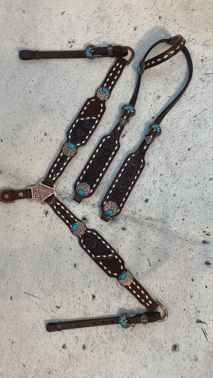 Hand Carved Floral with Rawhide Buck Stitching Headstall Set