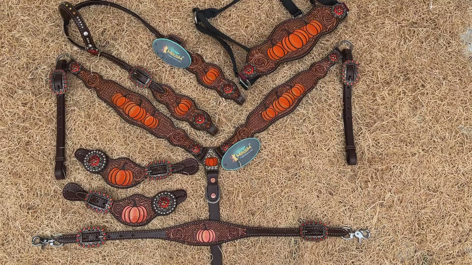 MOUSM Spooky Western Horse Tack Collection – Decorated with Hand-Painted Halloween Pumpkin, Window Tooling &amp; Floral Carving with Rhinestone Conchos