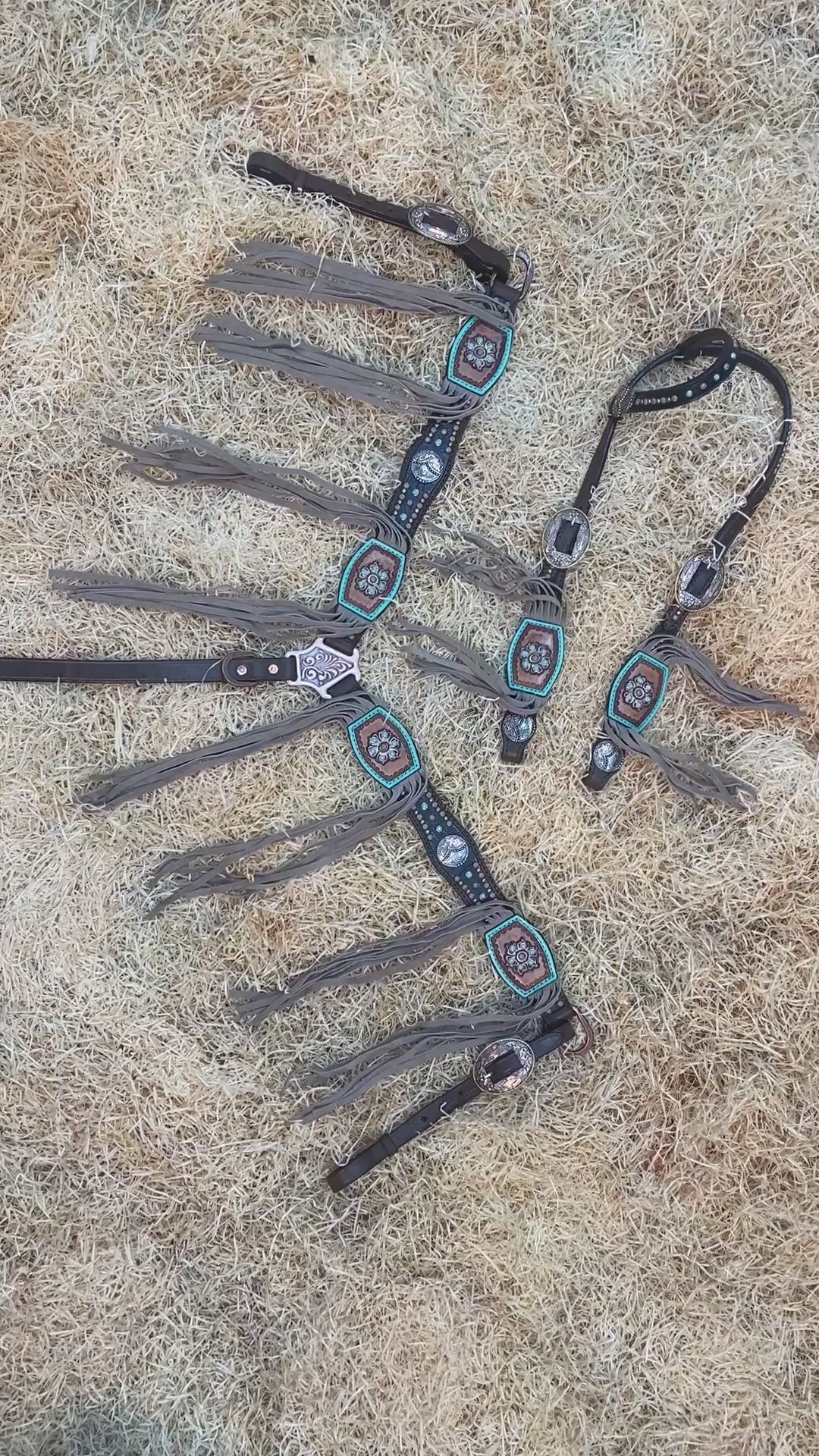 Carved Leather Patches with Beige Fringe Western Horse Tack Set