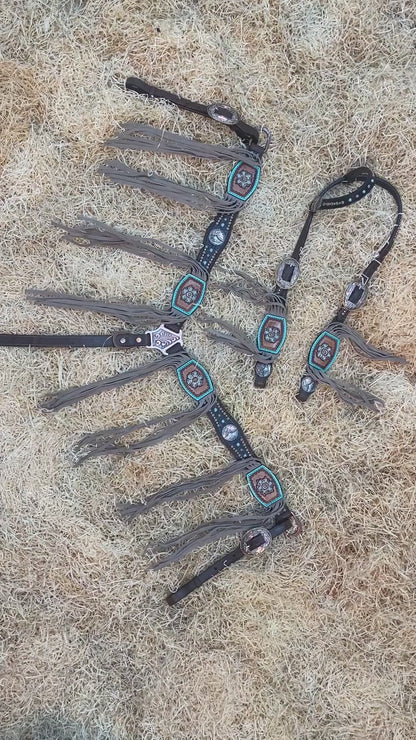 Carved Leather Patches with Beige Fringe Western Horse Tack Set
