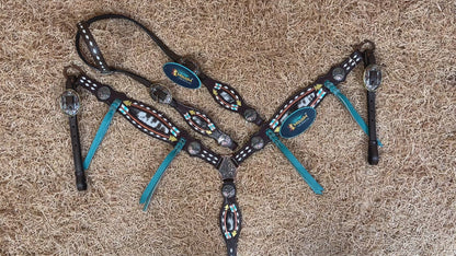 MOUSM Western Headstall and Breast Collar Set - Made with Argentina Cow Leather, Headstall Set Decorated with Arrow Tooling, Cowhide Inlay, and Rawhide Buck Stitching with Teal Laces