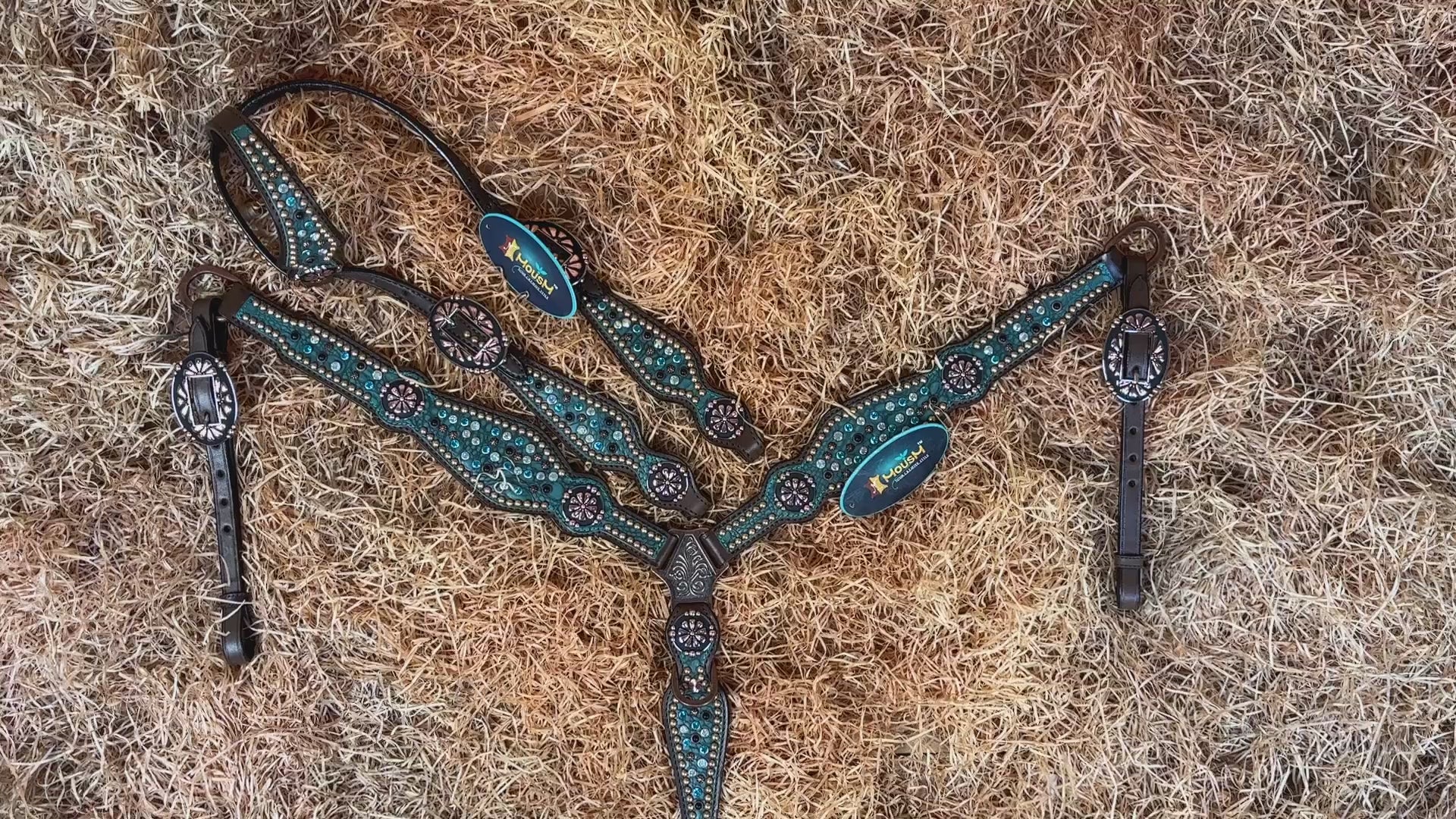 MOUSM Western Headstall and Breast Collar Set Decorated with Shining AB Rhinestones &amp; Copper Studs on Turquoise Alligator Skin Textured Leather Inlay