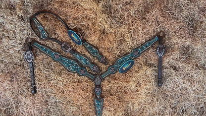 MOUSM Western Headstall and Breast Collar Set Decorated with Shining AB Rhinestones &amp; Copper Studs on Turquoise Alligator Skin Textured Leather Inlay