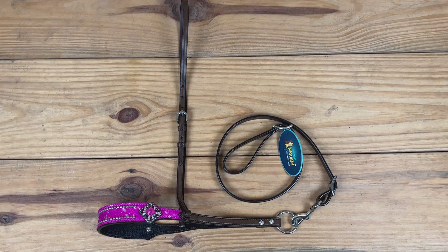 MOUSM Genuine Cow Hide Leather Tie Down Noseband with Leather Strap for Horse - Decorated with Pink Metallic Acid Wash Natural Hair On Cowhide and Rhinestone Conchos, 1 Meter Strap Length and 6/8&quot; Inches width