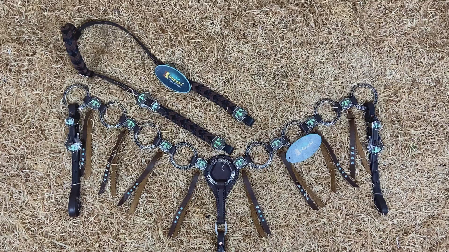 MOUSM Western Ring Headstall and Breast Collar Set – Handcrafted from Argentina Cowhide Leather, Featuring Twisted One-Ear Headstall, Leather Fringe With Turquoise Studs, Decorated With Thunderbird Conchos, and Finished with Antique Copper Hardware