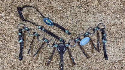 MOUSM Western Ring Headstall and Breast Collar Set – Handcrafted from Argentina Cowhide Leather, Featuring Twisted One-Ear Headstall, Leather Fringe With Turquoise Studs, Decorated With Thunderbird Conchos, and Finished with Antique Copper Hardware