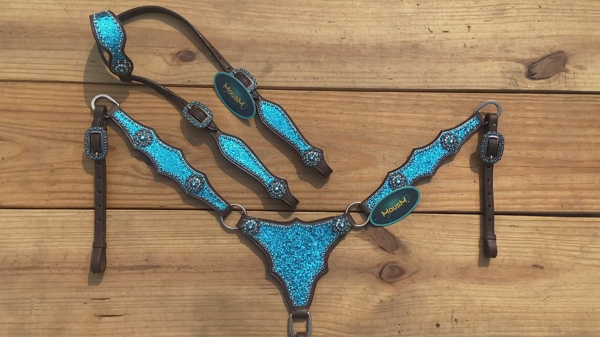 Teal Glitter Alligator with Silver Studs Headstall Tack Set