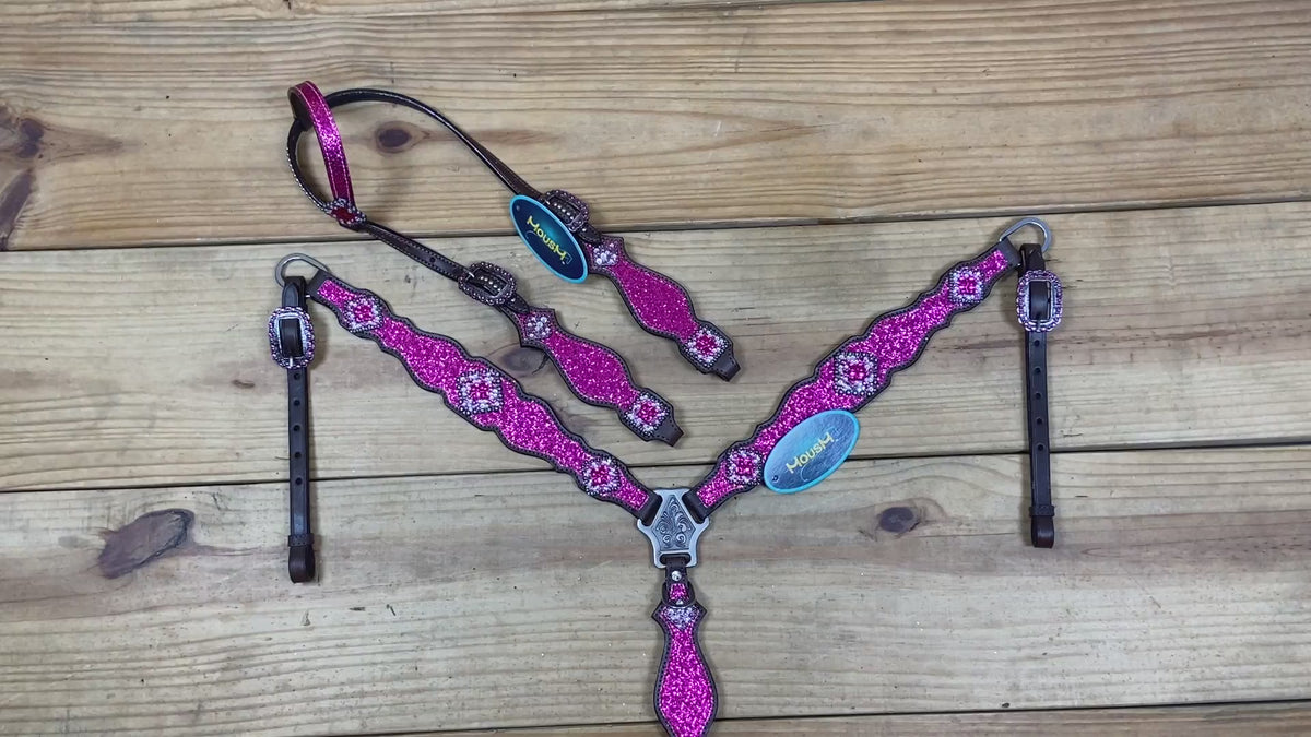 Hot Pink Glitter Headstall and Breast Collar with Silver Studs