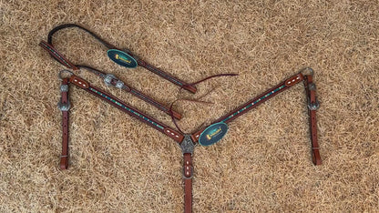 MOUSM Western Leather Headstall and Breast Collar Set – Decorated with Hand-Striped Tooled with Turquoise Coloring &amp; Buck Stitching