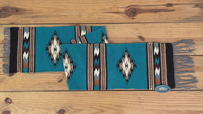 MOUSM Handwoven Cotton Table Runner – Southwestern Rustic Décor, Blue Geometric Boho Table Accent, Farmhouse Dining Textile with Fringed Edges