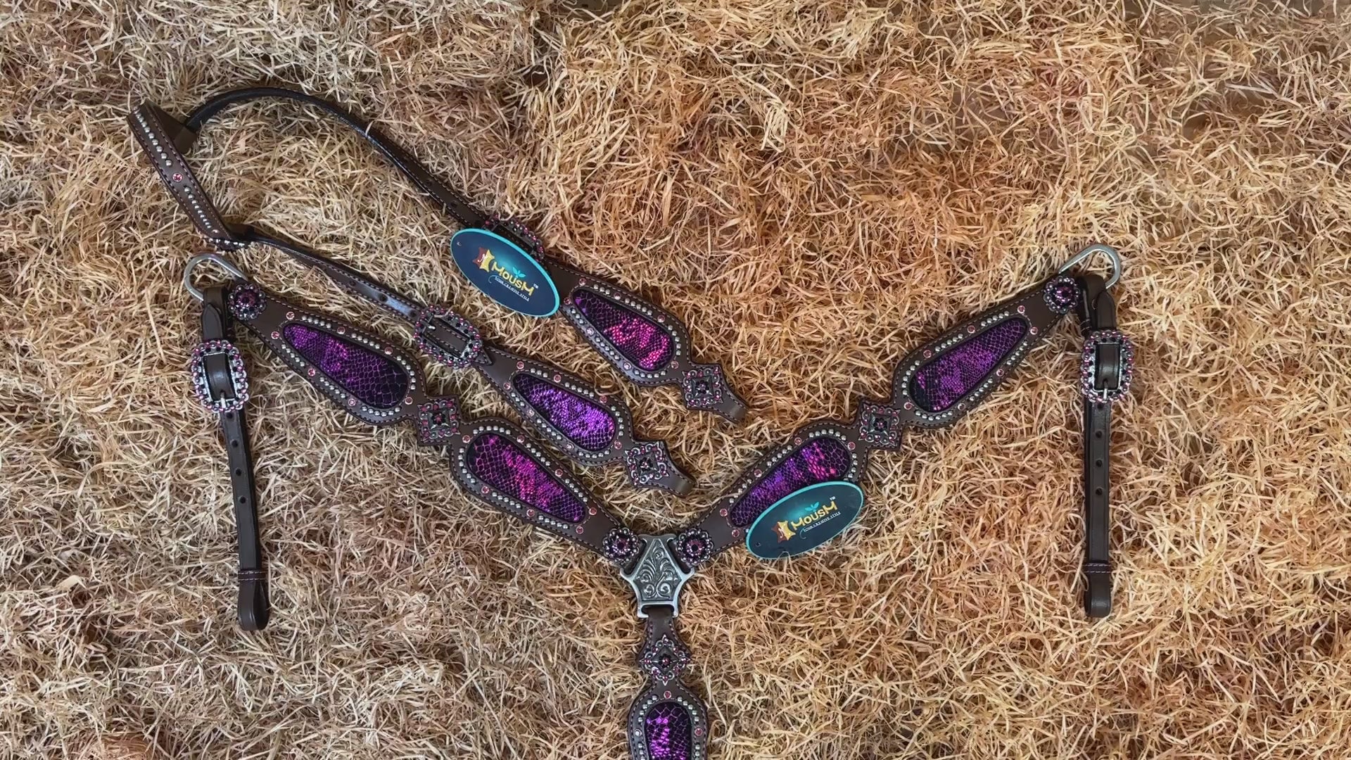 MOUSM Western Headstall and Breast Collar Set - Argentina Cow Leather Western Horse Tack Set Decorated with Pink Snake Texture Leather, Nickel Studs with Pink Rhinestones All Around
