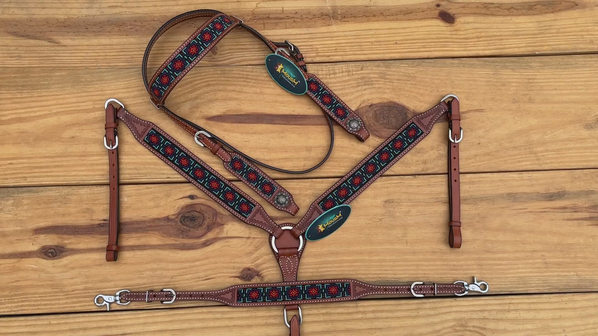 MOUSM Argentina Cow Leather Western Headstall &amp; Breast Collar Set – Browband Headstall Decorated with Geometric Red &amp; Teal Beaded Inlay on Tan Leather