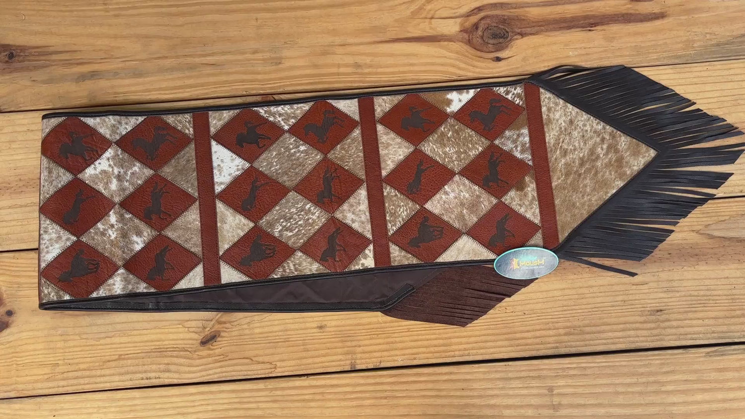 MOUSM Real Cowhide Leather Table Runner – 72x12 Inches, Genuine Cowhide with Laser-Cut Horse Logo Under Orange Diamond Patches &amp; Black Leather Fringe