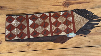 MOUSM Real Cowhide Leather Table Runner – 72x12 Inches, Genuine Cowhide with Laser-Cut Horse Logo Under Orange Diamond Patches &amp; Black Leather Fringe