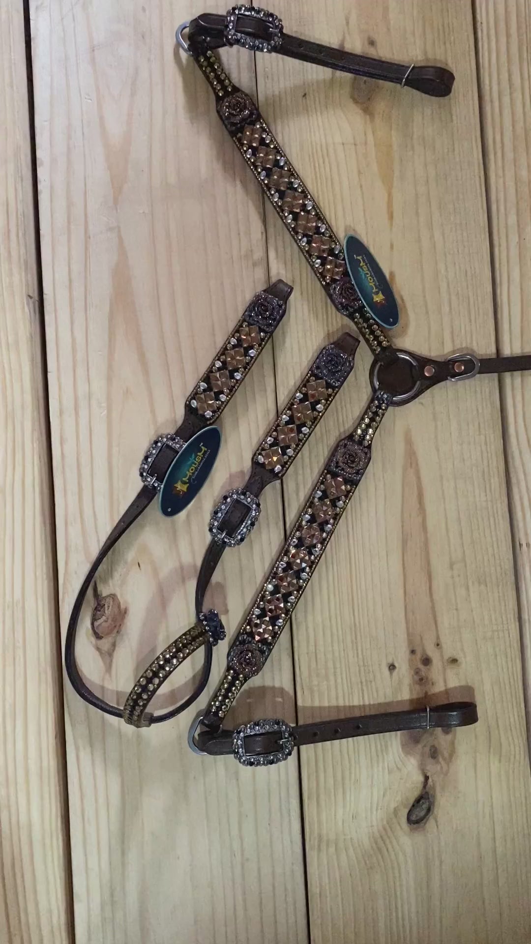 MOUSM Argentina Cow Leather Headstall &amp; Breast Collar Set – Western Horse Tack for Horse Decorated with Shining Golden Stone &amp; Rhinestones Dark, Brown 3D Rose Flower, Antique Nickel Hardware
