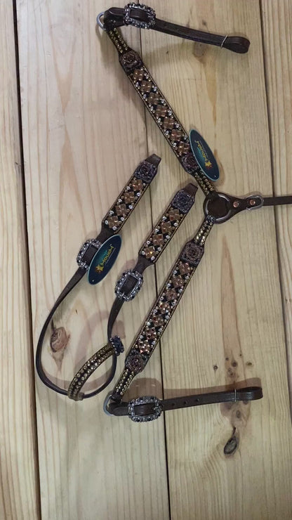 MOUSM Argentina Cow Leather Headstall &amp; Breast Collar Set – Western Horse Tack for Horse Decorated with Shining Golden Stone &amp; Rhinestones Dark, Brown 3D Rose Flower, Antique Nickel Hardware