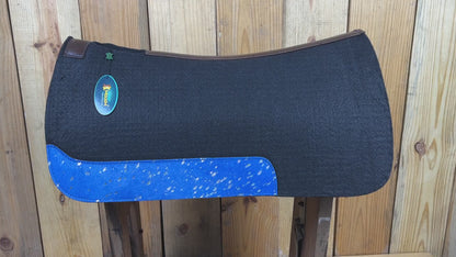 MOSUM Western Saddle Pad - Saddle Pad for Horses Synthetic Wool Blend Black Felt with Royal Blue Acid Wash Hair on Cowhide Leather Patch, Comfort Pad for Horses