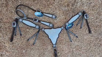 MOUSM Western Headstall and Breast Collar Set – Argentina Cow Leather Horse Tack Set Decorated with White Clear Rhinestones on Gladiator Breast Collar with Roping and Bling Conchos