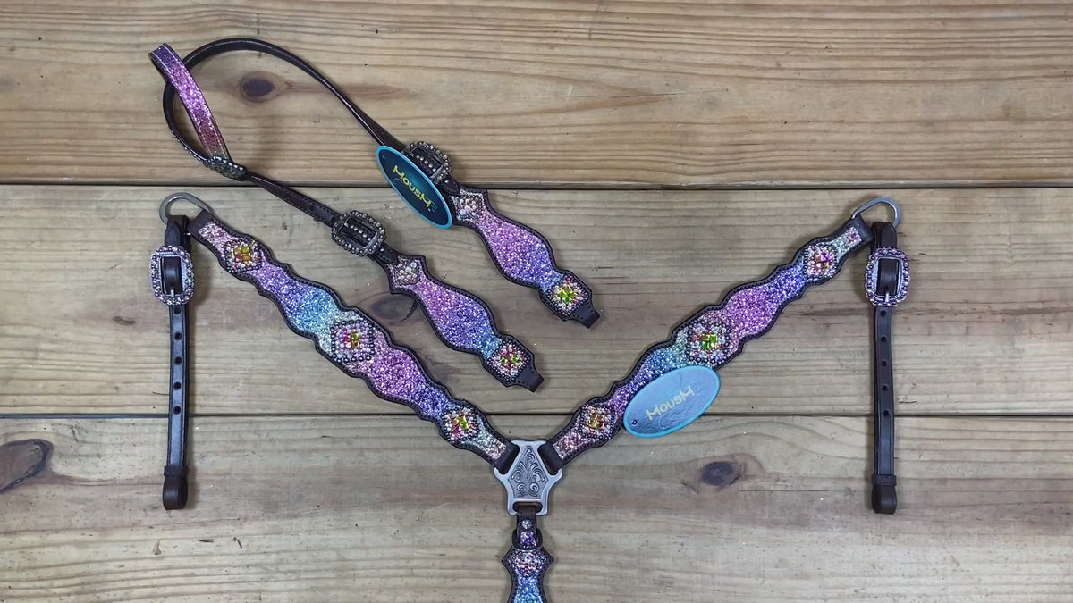 Rainbow Glitter Horse Tack with Rhinestone Conchos, Silver Studs