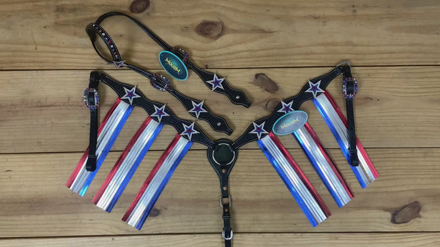 USA flag headstall set with patriotic red, white, and royal stone detailing with metallic fringe