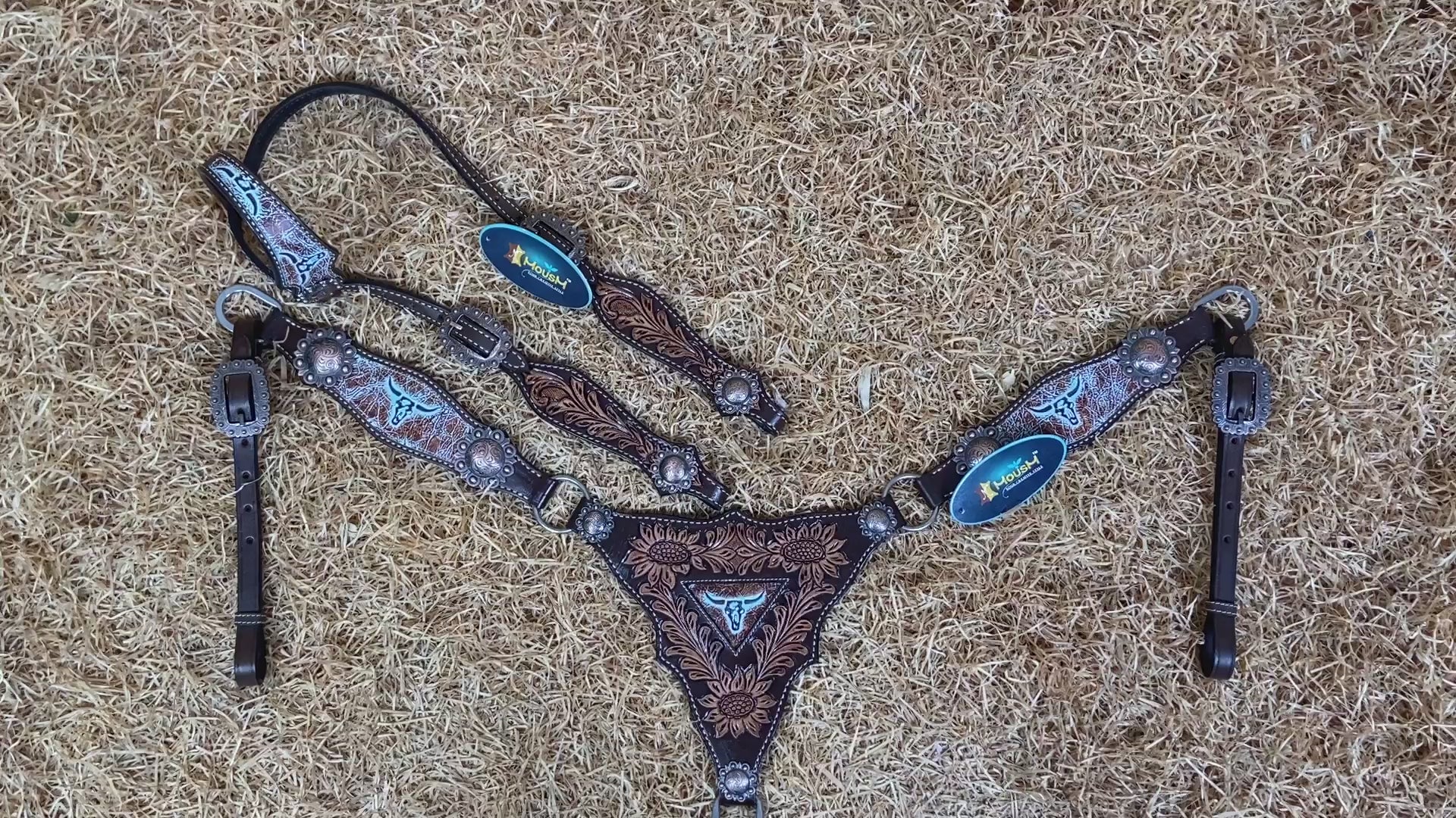 MOUSM Western Headstall and Breast Collar Set – One-Ear Headstall with Sunflowers and Steer Head Hand-Carving Throughout, Finished with Congress Conchos