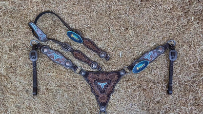 MOUSM Western Headstall and Breast Collar Set – One-Ear Headstall with Sunflowers and Steer Head Hand-Carving Throughout, Finished with Congress Conchos