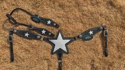 MOUSM Western Leather Headstall &amp; Breast Collar Set – Decorated with Sparkle Star Design with Silver Studs &amp; Clear Berry Conchos, Gladiator-Patterned Breast Collar with Star-Shaped Center and Sparkling Inlay