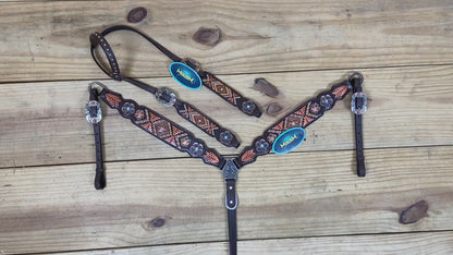 western headstall and breast collar set featuring rawhide braiding and geometric flower tooling 