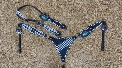 MOUSM Western Headstall and Breast Collar Set - Made with Argentina Cow Leather Decorated with Dual Tone Black Alligator Design and Checkered Pattern, Criss-Cross Rawhide Braiding All Around the Border, Bling Berry Conchos, All Antique Nickel Hardware