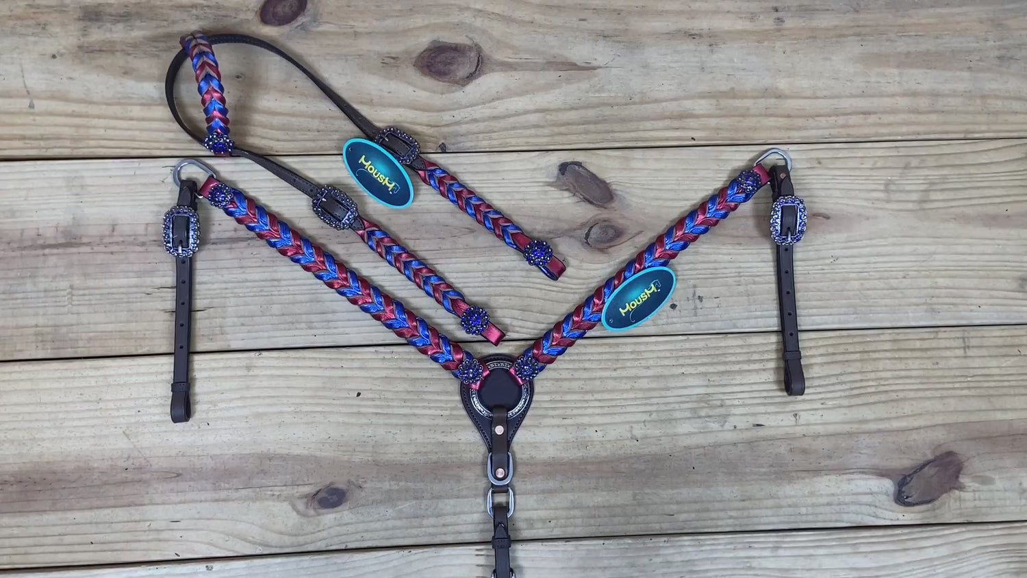 royal blue and red twisted leather one-ear western headstall set with berry conchos
