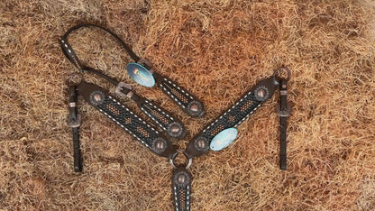 MOUSM Argentina Cow Leather Western Breast Collar and Bridle Set - Western Headstall Set Decorated with 3D Stone Print Leather with Copper Studs and White Rawhide Buck Stitching