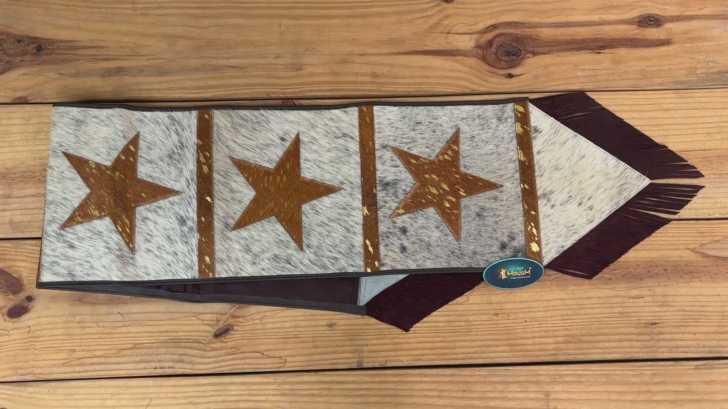 MOUSM Real Cow Hide Leather Table Runner - 72x12 inches, Embroidered Stars Cutout with Leather Black Fringe for Farmhouse Rustic Wedding Dinner Party