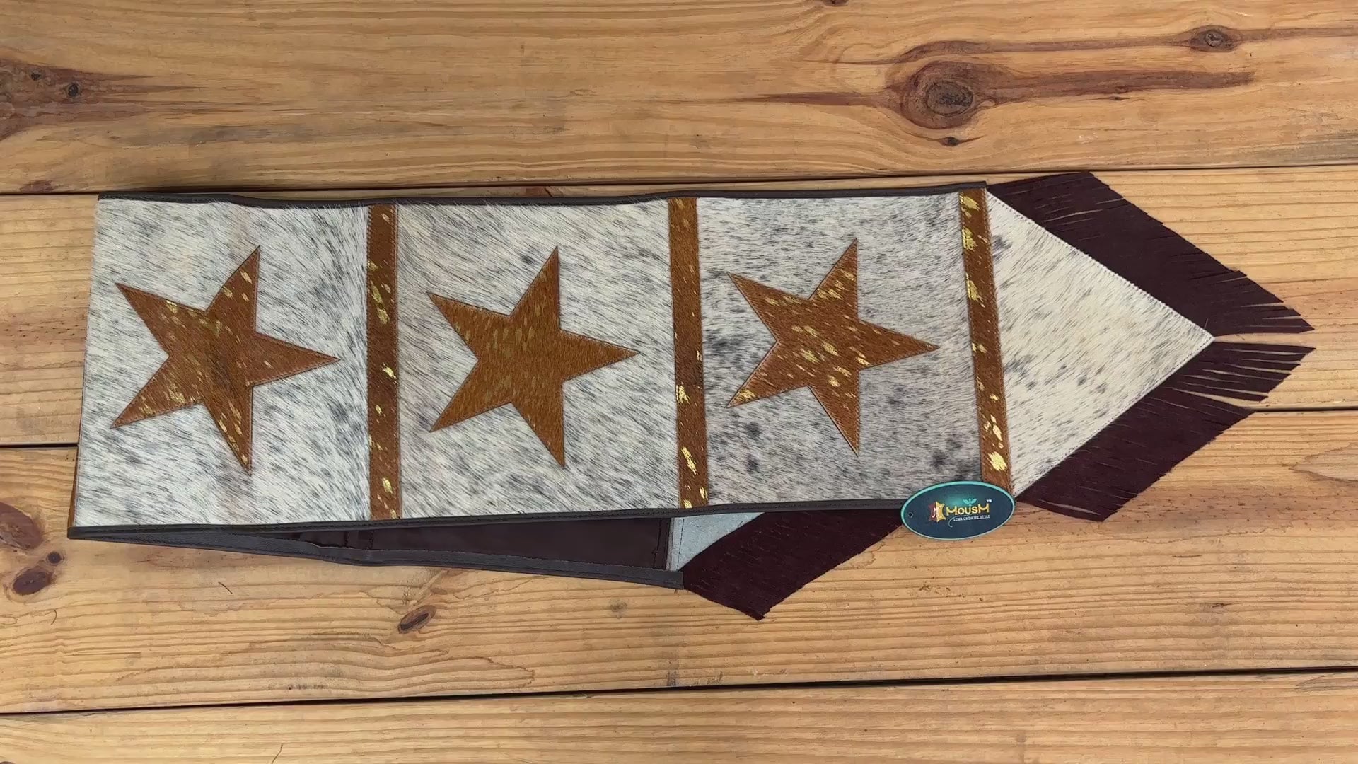 MOUSM Real Cow Hide Leather Table Runner - 72x12 inches, Embroidered Stars Cutout with Leather Black Fringe for Farmhouse Rustic Wedding Dinner Party