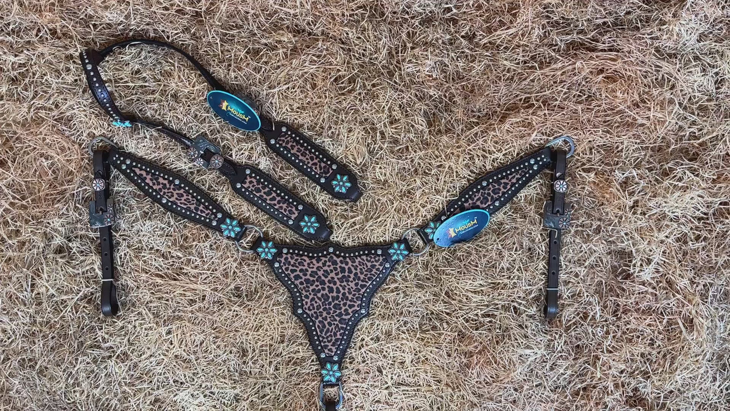 MOUSM Argentina Cow Leather Bridle &amp; Breast Collar Set – Western Horse Tack with Leopard Print, Silver Studs &amp; Antique Copper Hardware