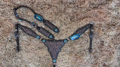 MOUSM Argentina Cow Leather Bridle &amp; Breast Collar Set – Western Horse Tack with Leopard Print, Silver Studs &amp; Antique Copper Hardware
