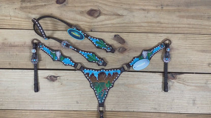 western breast collar and headstall set with desert hand carving scenery with rawhide buckstitching